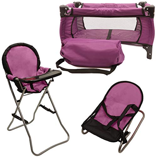 Product Cover Mommy & Me 3 in 1 Doll Play Set PURPLE , 1 Doll Pack N Play. 2 Doll Bouncer 3.Doll High Chair. Fits 18'' Doll