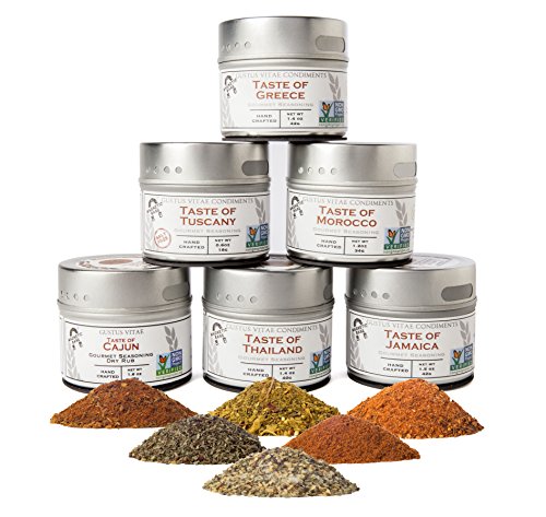 Product Cover Gourmet World Flavors Seasoning Collection | Non GMO Verified | 6 Magnetic Tins | Spice Blends | Crafted in Small Batches by Gustus Vitae | #68