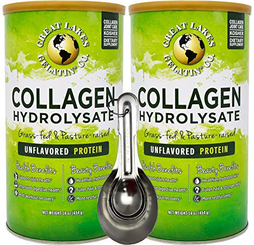 Product Cover Great Lakes Gelatin, 2 Pk Collagen Hydrolysate Unflavored Beef Protein Kosher 16 Oz Cans and Measuring Spoons Combo Pack