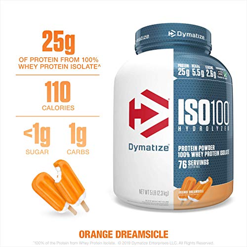 Product Cover Dymatize ISO100 Hydrolyzed Protein Powder, 100% Whey Isolate Protein, 25g of Protein, 5.5g BCAAs, Gluten Free, Fast Absorbing, Easy Digesting, Orange Dreamsicle, 5 Pound