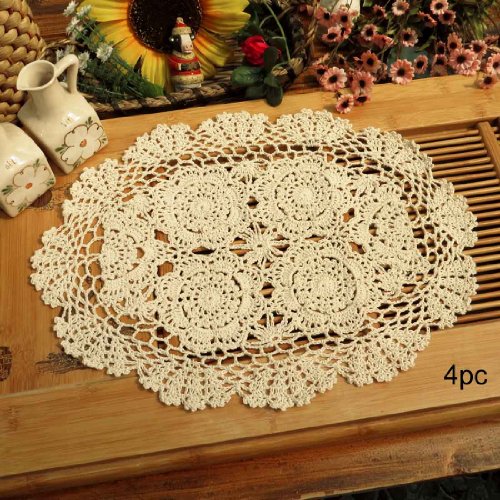 Product Cover kilofly Crochet Cotton Lace Placemats Doilies 4pc, Oval, Beige, 12 x 17 inch