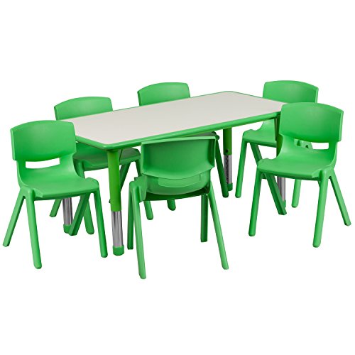Product Cover Flash Furniture 23.625''W x 47.25''L Rectangular Green Plastic Height Adjustable Activity Table Set with 6 Chairs