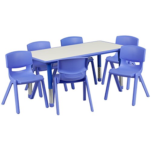 Product Cover Flash Furniture 23.625''W x 47.25''L Rectangular Blue Plastic Height Adjustable Activity Table Set with 6 Chairs