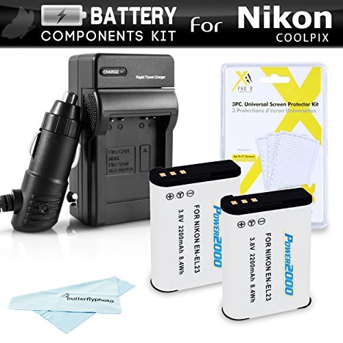 Product Cover ButterflyPhoto 2 Pack Battery And Charger Kit For Nikon COOLPIX P900 P610 P600 B700 Digital Camera Includes 2 Extended Replacement (2200Mah) Ac/Dc Rapid Travel Charger & Screen Protectors
