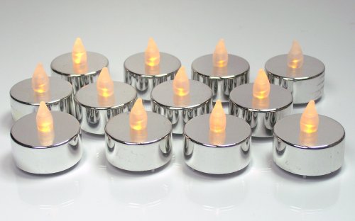 Product Cover Silver Tealight Candles - Set of 12 LED Flameless Metallic Candles with Flickering Flame - 25th Wedding Anniversary - Silver Wedding Decorations - Graduation Parties - No Flame Candles