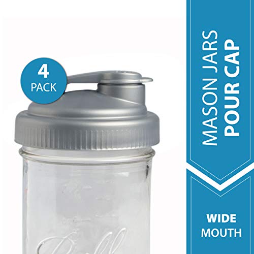 Product Cover reCAP Mason Jars Lid POUR Cap, Wide Mouth, Silver - 4 Pack - BPA-Free, American Made Ball Mason Jar Lids for Preparing, Serving & Storage, Spill Proof - Made with No-Break Materials