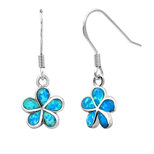 Product Cover Sterling Silver Plumeria Flower Hook Earrings with Simulated Blue Opal