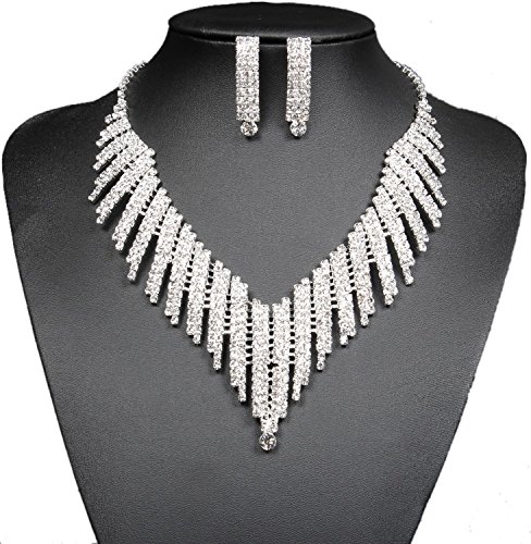 Product Cover FUMUD Wedding Bridal Jewelry Set Crystal Rhinestone V Shape Necklace and Earrings for Women Silver Plated