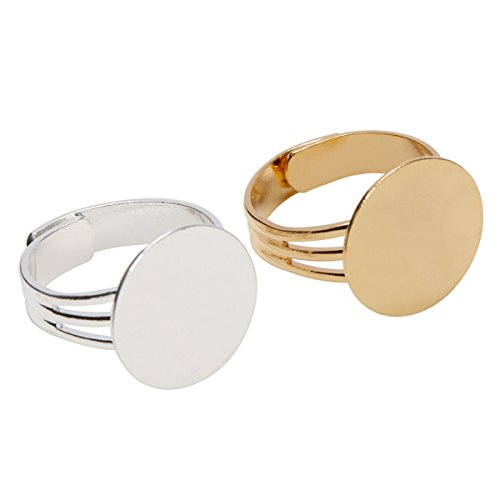 Product Cover Gold and Silver Plated Ring Blanks with 16mm Flat Adjustable Ring Base 6 Pieces Gold and 6 Pieces Silver - 12 Blank Rings Total