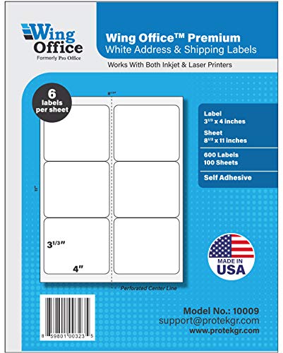 Product Cover Pro Office Premium 600 Self Adhesive Shipping Labels for Laser Printers and Ink Jet Printers, White, Made in USA, 3.33 x 4 Inches, Pack of 600