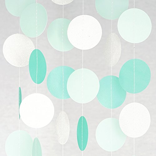 Product Cover Circle Dots Paper Party Garland Streamer Backdrop (10 Feet Long) - Aqua, Mint, Pearl White Glitter