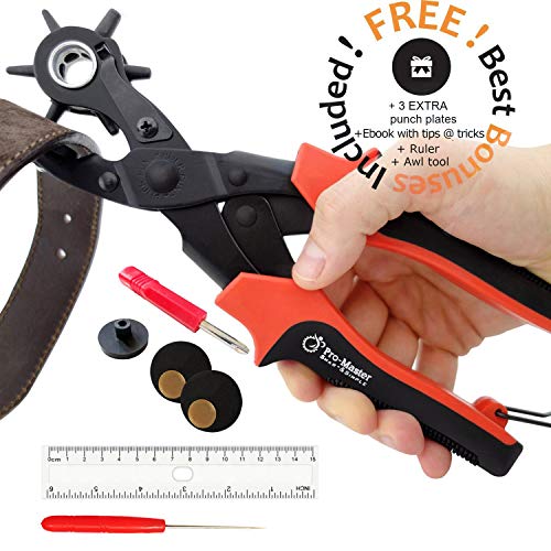 Product Cover Leather Hole Punch Set for Belts, Watch Bands, Straps, Dog Collars, Saddles, Shoes, Fabric, DIY Home or Craft Projects. Super Heavy Duty Rotary Puncher, Multi Hole Sizes Maker Tool