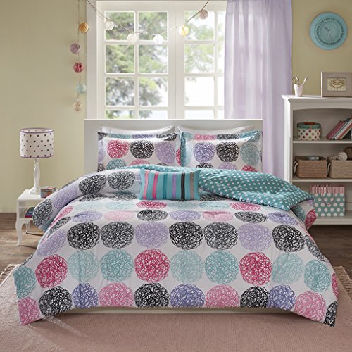 Product Cover Mi Zone - Carly Comforter Set - Purple - Twin/ Twin XL - Doodled Circles, Polka Dots & Twill Tapes - Includes 1 Comforter, 1 Decorative Pillow, 1 Sham