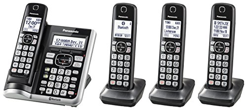 Product Cover PANASONIC Link2Cell Bluetooth Cordless Phone System with Voice Assistant, Call Blocking and Answering Machine. DECT 6.0 Expandable Cordless System - 4 Handsets - KX-TGF574S (Silver)