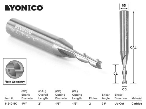Product Cover Yonico 31210-SC 1/8-Inch Dia. 2 Flute Upcut Spiral End Mill CNC Router Bit 1/4-Inch Shank