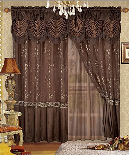 Product Cover Fancy Collection Embroidery Curtain Set 1 Panel Chocolate Brown with Gold Drapes with Backing & Valance Monica New