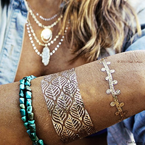 Product Cover Flash Tattoos Zahra Authentic Metallic Temporary Jewelry Tattoos 4 Sheet Pack (Black/gold/silver) includes over 31 assorted premium eclectic waterproof tattoos