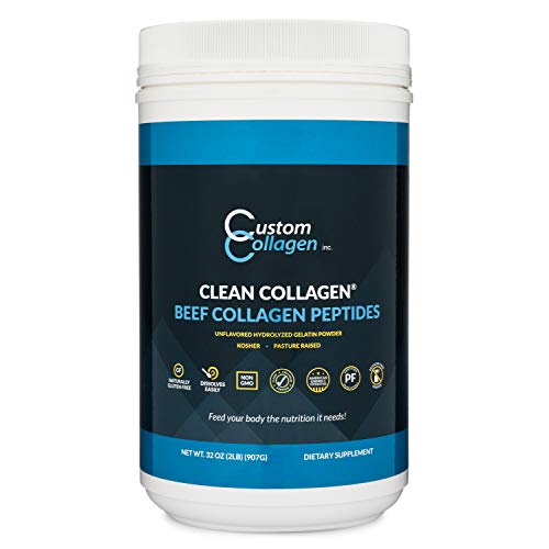 Product Cover Collagen Peptides Powder 2lb (32oz) Jar - Clean Collagen® - Unflavored, Grass Fed, Paleo, Non GMO, Kosher - Highly Soluble Protein