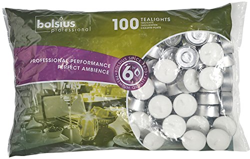 Product Cover BOLSIUS Tea Lights Candles - Pack of 100 White Unscented Candle Lights with 6 Hour Burning Time - Tea Candles for Wedding, Home, Parties, and Special Occasions
