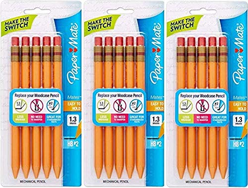Product Cover Paper Mate Mates Mechanical Pencils, Yellow Barrel; 1.3mm HB 2 Lead; Smudge Resistant Eraser; Triangular Barrel Design; 3 Blister Packs with 5 Each for a Total of 15 Mechanical Pens (1862167)