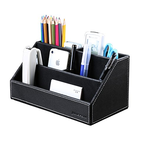 Product Cover KINGFOM Home Office Wooden Struction Leather Multi-Function Desk Stationery Organizer Storage Box, Pen/Pencil,Cell Phone, Business Name Cards, Note Paper, Remote Control Holder (Black)