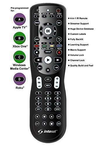 Product Cover Inteset 4-in-1, INT422 Universal Backlit IR Learning Remote for use with Apple TV, Xbox One, Roku, Media Center/Kodi, Nvidia Shield and Many Other A/V Devices