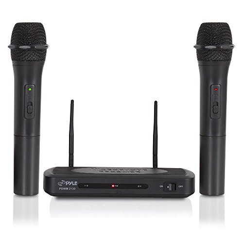 Product Cover Dual Channel Wireless Microphone System - Dual Frequency Wireless Mic Receiver Set with 2 Handheld Dynamic Transmitter Mics, Receiver Base - PA, Karaoke, Dj Party - Pyle PDWM2130