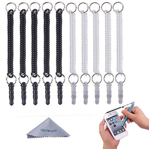 Product Cover Stylus Tether, Wisdompro 10 Pack of Detachable Elastic Coil Tether Strings/Lanyards with 3.5mm Earphone Jack for Stylus Pens - Black/Clear