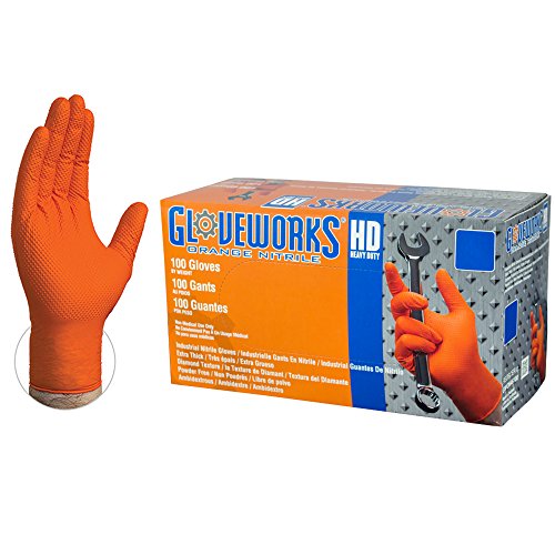 Product Cover Ammex GLOVEWORKS HD Industrial Orange Nitrile Gloves - 8 mil, Latex Free, Powder Free, Diamond Texture, Disposable, Heavy Duty, Large, GWON46100-BX, Box of 100