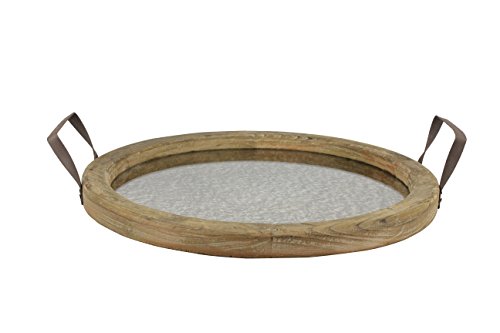 Product Cover Stonebriar Round Brown Wood Serving Tray with Metal Handles and Distressed Mirror, Rustic Butler Serving Tray, Vintage Centerpiece or Candle Holder, Small