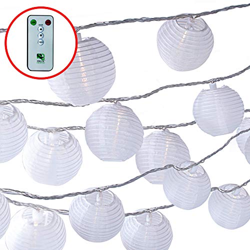 Product Cover White Lanterns String Lights - 24 Indoor Outdoor Mini Nylon LED String Lights Extra Long 16ft With Remote Control - Extendable - Connect up to 3 Sets - Bonus Hanging Hooks