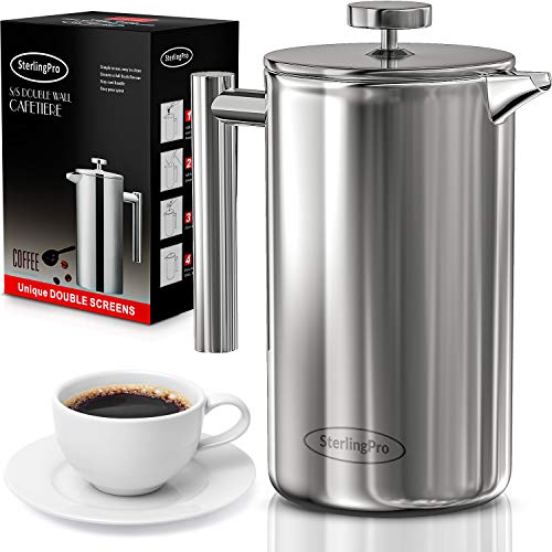 Product Cover French Press Coffee Maker (1L) - Double Walled 18/10 Large Coffee Press with 2 Free Filters - Enjoy Granule-Free Coffee Guaranteed, Stylish Rust Free Kitchen Accessory - Stainless Steel French Press