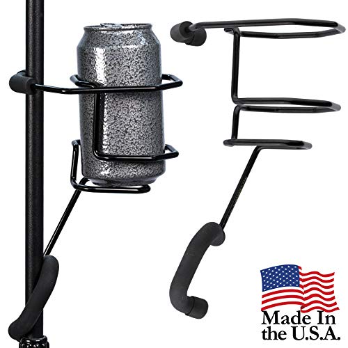 Product Cover Mic Stand Drink Holder - Microphone & Cymbal Pole Stagehand Music Mount for Soft Beverages Soda Can Coffee or Tea Cup and Water Bottle - Black Heavy Duty Studio Quality Made in USA - String Swing SH01
