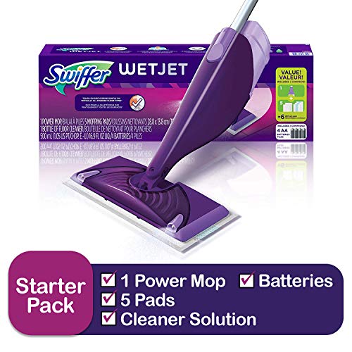 Product Cover Swiffer Wetjet Hardwood & floor Spray Mop Cleaner Starter Kit, Includes: 1 Power Mop, 5 Pads, Cleaner Solution, Batteries