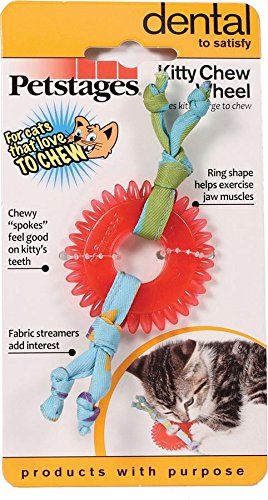 Product Cover Petstages Dental Kitty Chew Wheel Chew Toy for Cat Dental Health & Hygiene Featuring Fabric Streamers & Durable Material, Small, Red