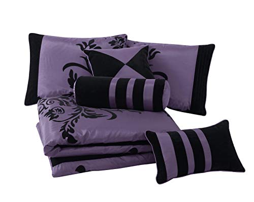 Product Cover Chezmoi Collection Nobility-Com 7-Piece Black Violet Flocked Floral Faux Silk Bedding Comforter Set (Queen)