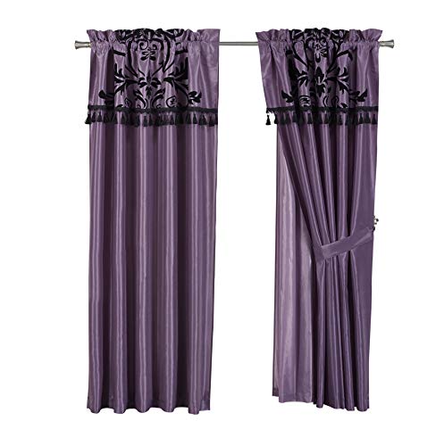 Product Cover Chezmoi Collection 4-Piece Flocked Floral Faux Silk Window Curtain Set with Sheer Backing Valance, Violet/Black