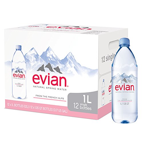 Product Cover Evian Natural Spring Water (One Case of 12 Individual Bottles, each bottle is 1 liter) Naturally Filtered Spring Water in Large Bottles