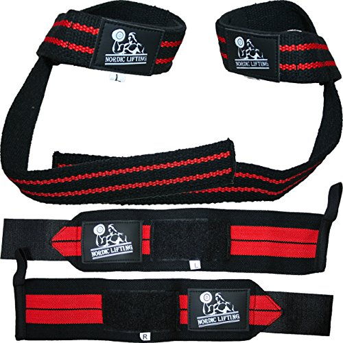 Product Cover Wrist Wraps + Lifting Straps Bundle (2 Pairs) for Weightlifting, Cross Training, Workout, Gym, Powerlifting, Bodybuilding-Support for Women & Men,Avoid Injury during Weight Lifting-Red,1 Year Warranty
