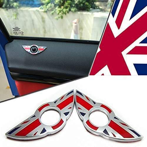 Product Cover iJDMTOY (2) Union Jack Style Wing Emblem Rings For MINI Cooper R55 R56 R57 R58 R59 Door Lock Knobs, Red/Blue UK Flag Design (Does not fit R60 R61 nor F55 F56 models)