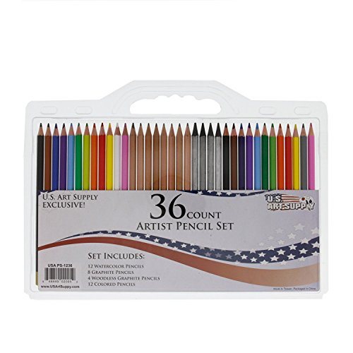 Product Cover US Art Supply 36 Count Professional Artist Coloured Pencil Set with 12 Watercolor, 8 Graphite, 12 Coloured and 4 Wood-less Pencils