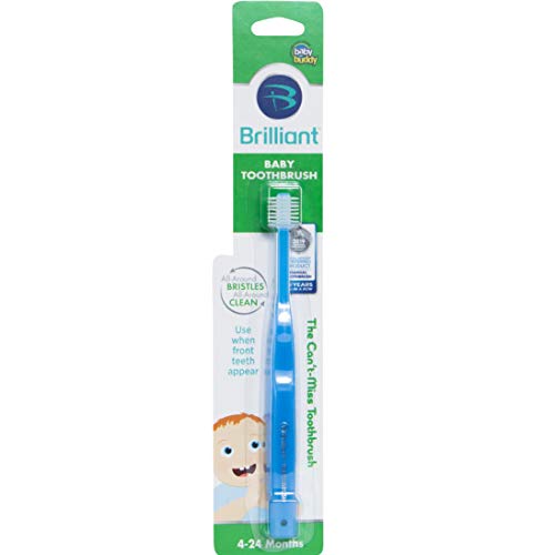 Product Cover Brilliant Baby Toothbrush by Baby Buddy - for Ages 4-24 Months, BPA Free Super-Fine Micro Bristles Clean All-Around Mouth, Kids Love Them, Blue, 1 Count
