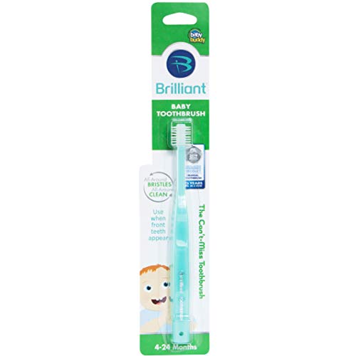 Product Cover Brilliant Baby Toothbrush by Baby Buddy - for Ages 4-24 Months, BPA Free Super-Fine Micro Bristles Clean All-Around Mouth, Kids Love Them, Mint, 1 Count