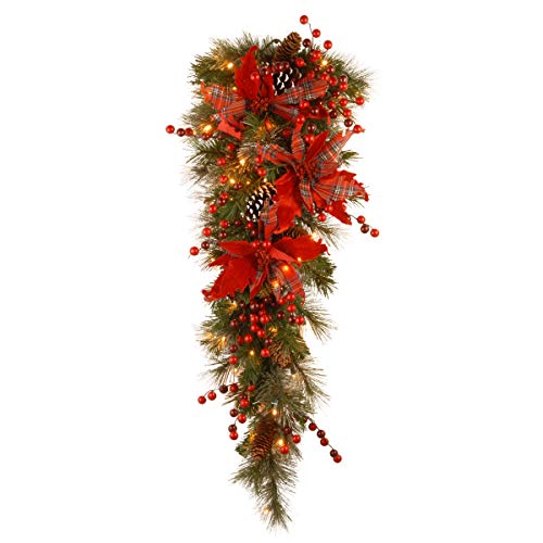Product Cover National Tree 36 Inch Decorative Collection Tartan Plaid Teardrop with Cones, Red Berries, Poinsettias and 50 Battery Operated Warm White LED Lights with Timer (DC13-147-36TB-1)
