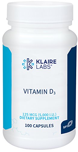 Product Cover Klaire Labs Vitamin D3 5000 IU - High Potency 125 mcg, Hypoallergenic Bone + Immune Support (100 Capsules)