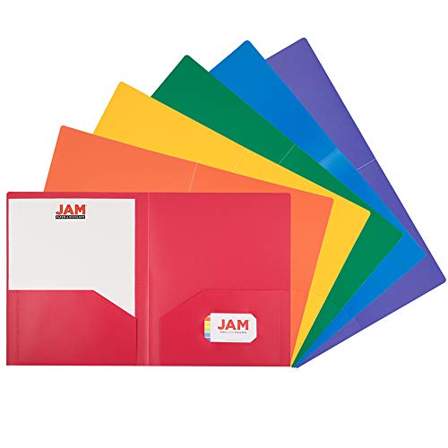 Product Cover JAM PAPER Heavy Duty Plastic 2 Pocket School Folders - Assorted Primary Colors - 6/Pack