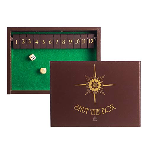 Product Cover STERLING Games Wooden Shut The Box Game 12 Numbers with Home Decor Design Lid Cover and Felted Rolling Surface