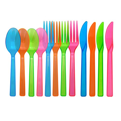 Product Cover Party Essentials Hard Plastic Cutlery Combo Pack, 96 Pieces/32 Place Settings, Assorted Neon Brights