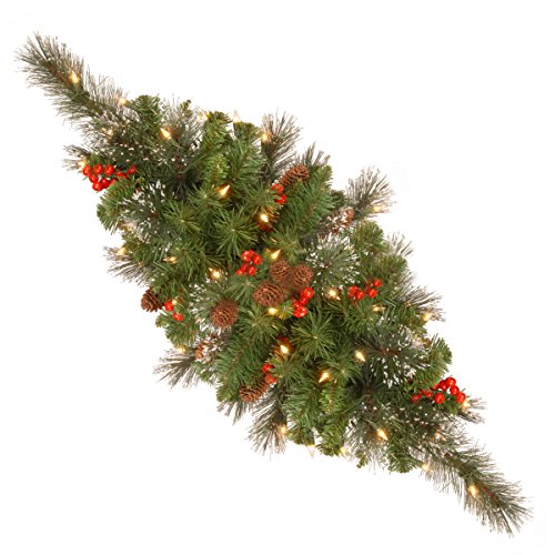 Product Cover National Tree 30 Inch Crestwood Spruce Centerpiece with Silver Bristle, Cones, Red Berries and 35 Warm White Battery Operated LED Lights (CW7-300-30C-B1)