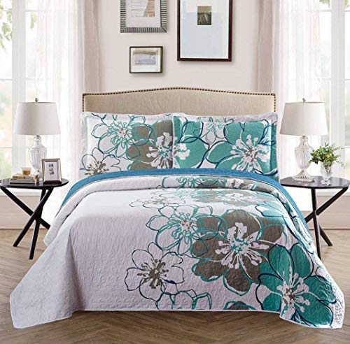 Product Cover Fancy Collection 3 Pc Bedspread Bed Cover White Grey Green Floral (Queen)